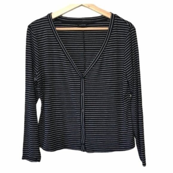 Who What Wear Black Ribbed Button Down White Stripe Long Sleeve L - Picture 1 of 6